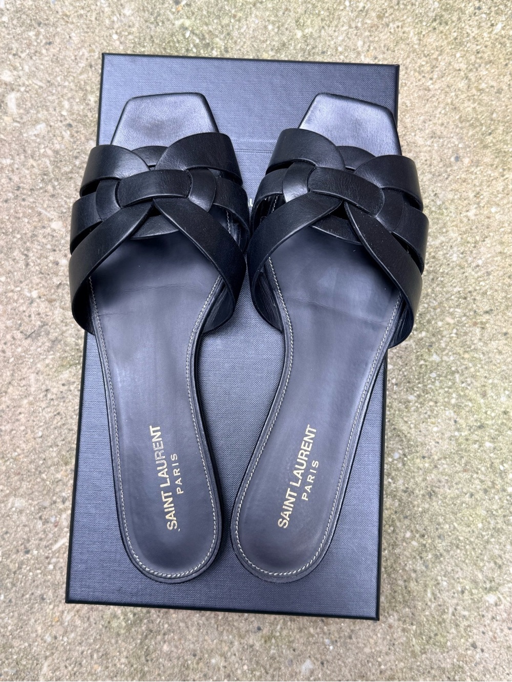 Saint Laurent Tribute Flat Sandals Black Leather EU 40 YSL Slides Nu Pieds